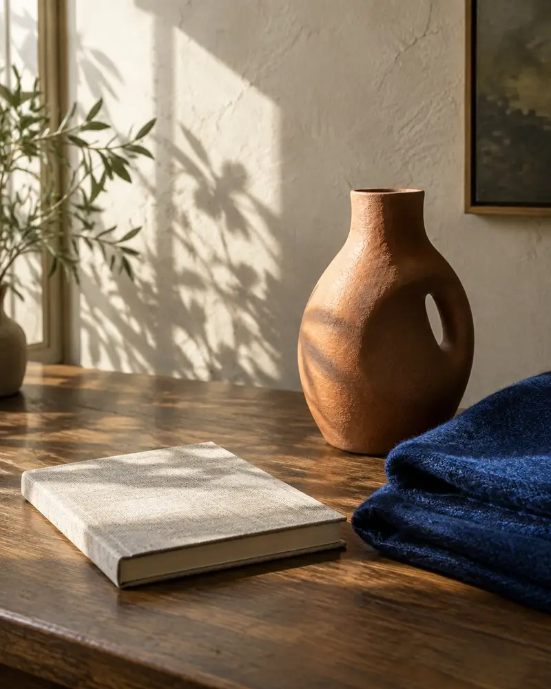 Linen notebook, ceramic vessel, and folded blue textile in a sunlit study