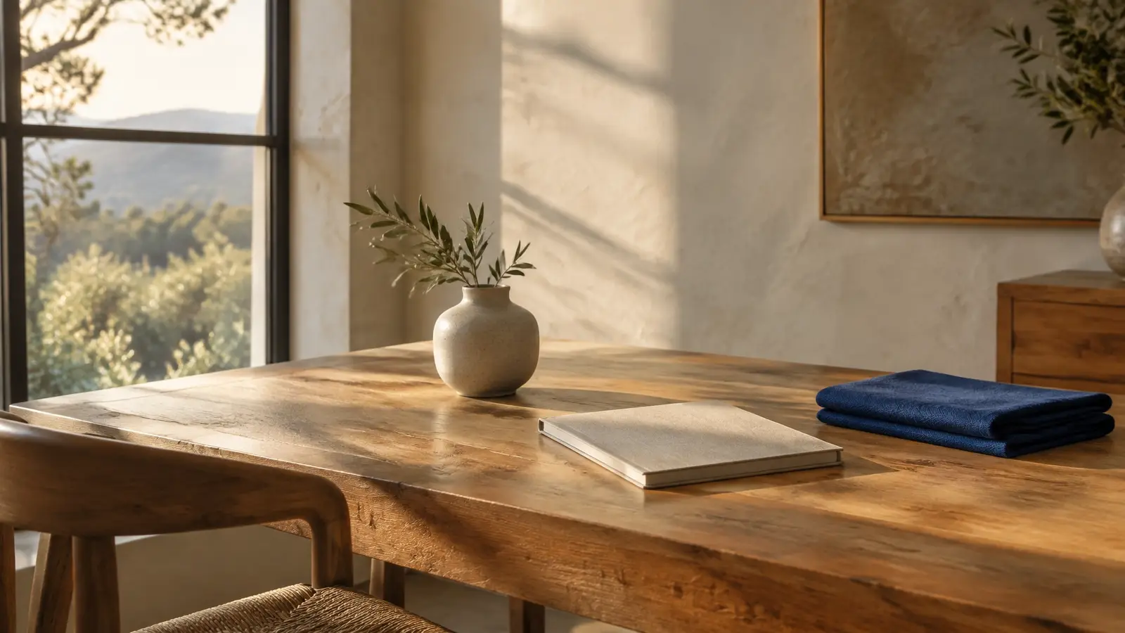 A warm, sunlit study with a wood table, ceramic vase, blank notebook, and folded blue textile beside a mountain view