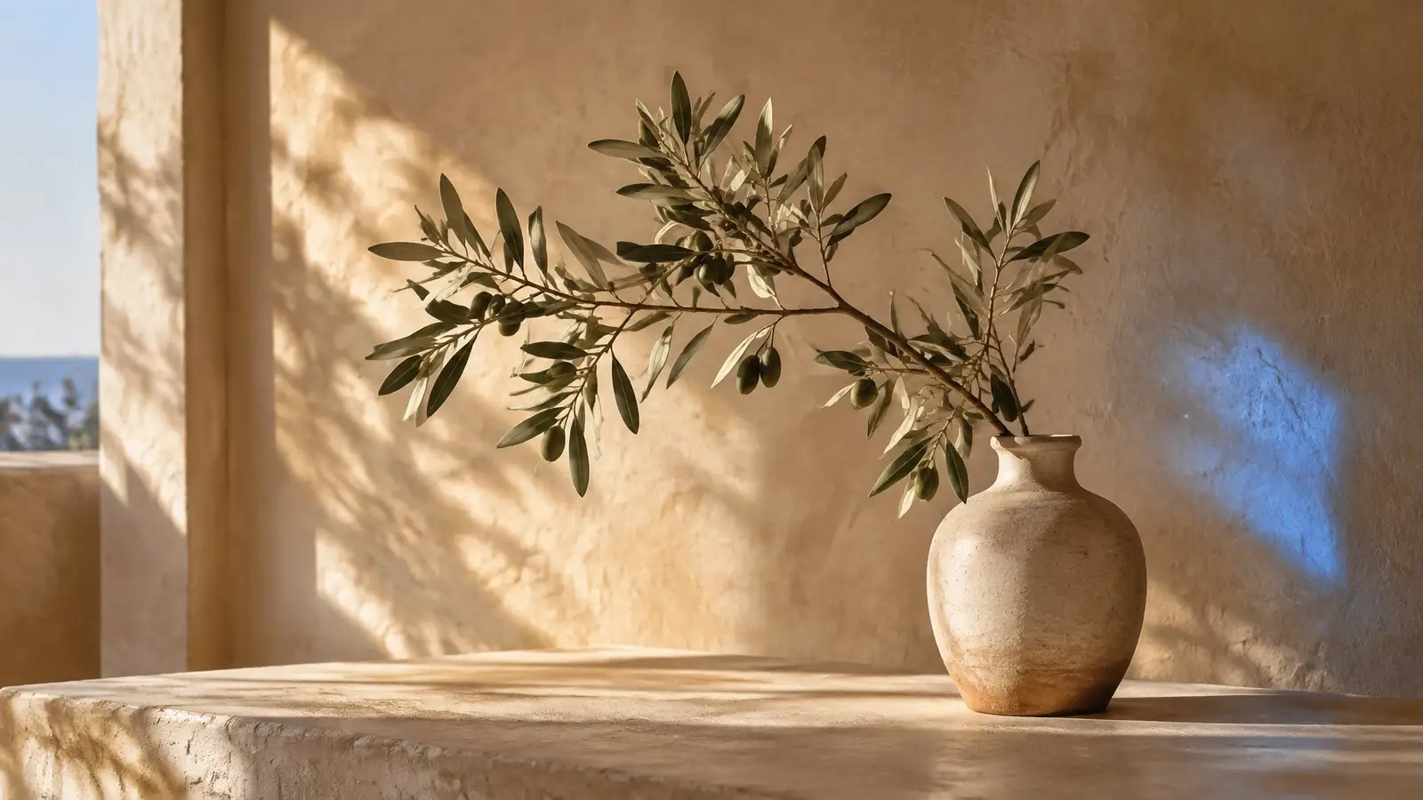 Mature olive branch in a ceramic vessel with blue light across a plaster wall