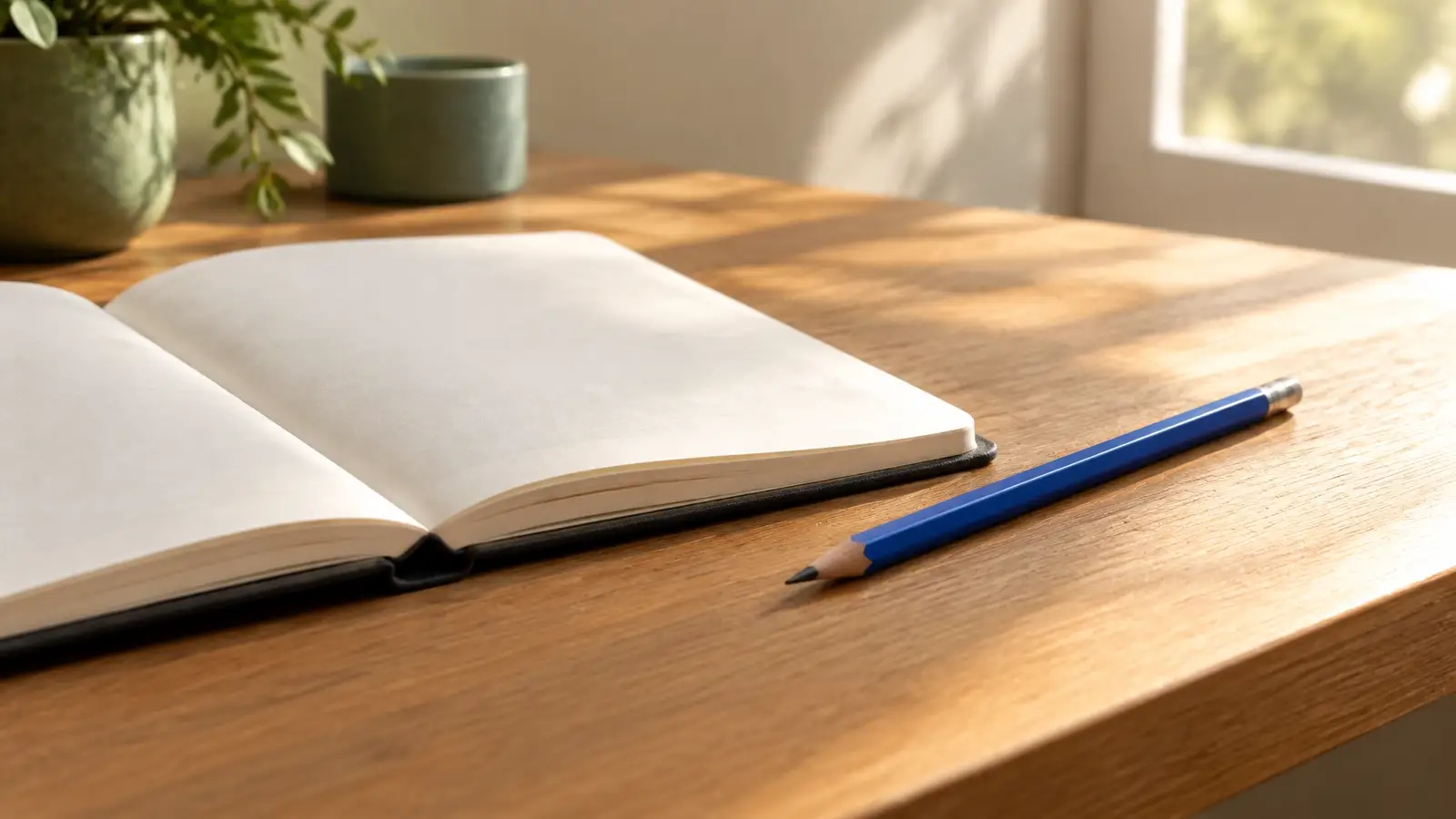 Blue pencil beside a blank notebook in a warm patch of sunlight