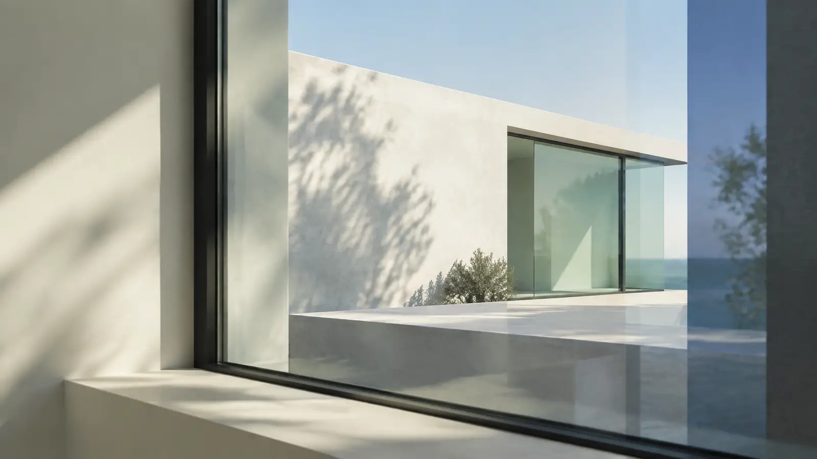 Layered architectural forms seen through a window in soft morning light