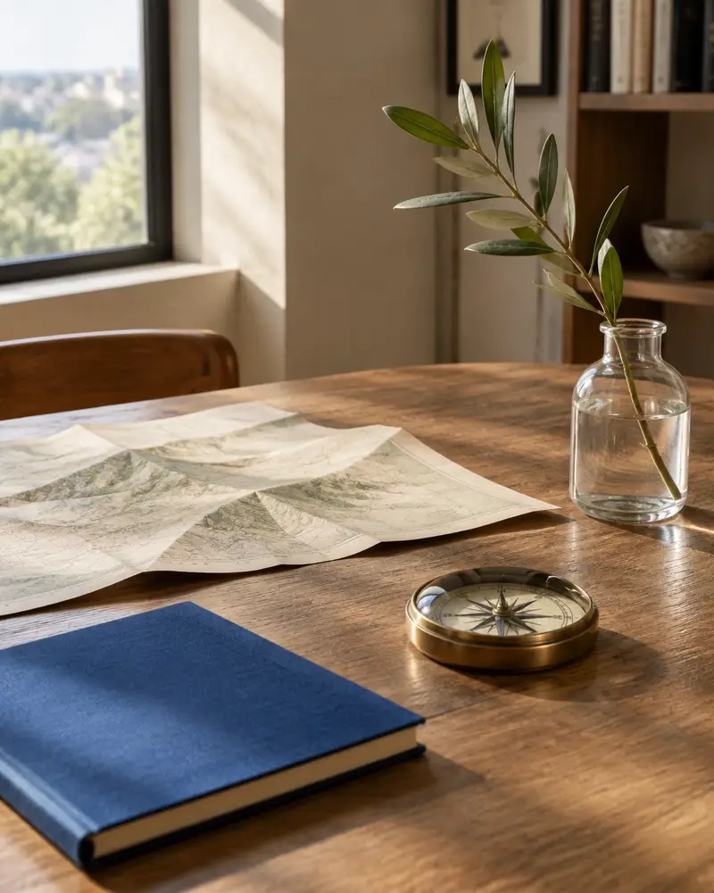 Blue notebook, folded map, and compass-like paperweight on a strategy table