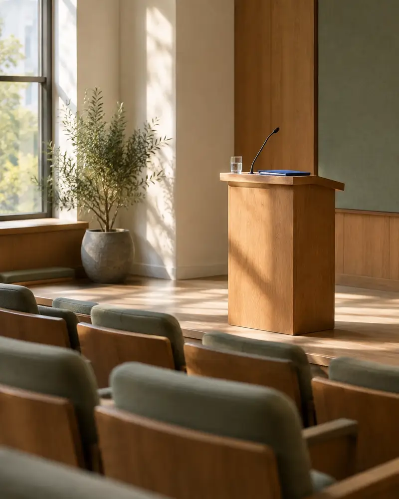Empty lectern and glass of water in a sunlit lecture room