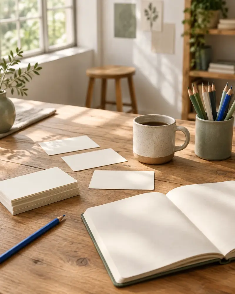 Blank learning cards, pencils, and notebook on a sunlit workshop table