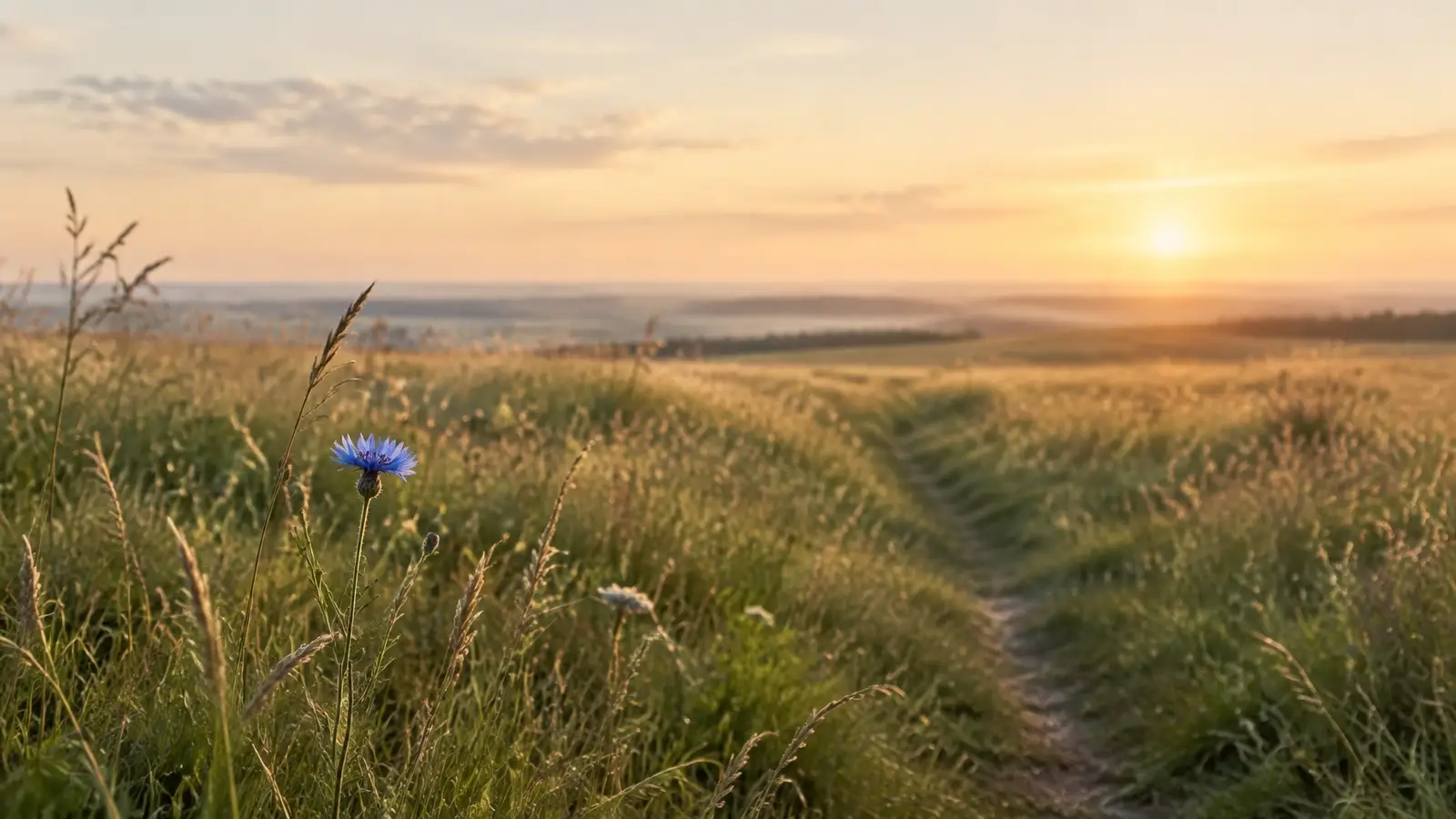 A quiet path through tall grasses toward a sunlit horizon with one blue wildflower