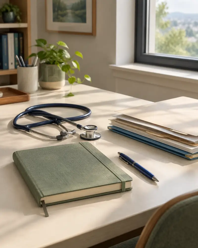 Stethoscope, notebook, and clinical papers arranged on a sunlit desk
