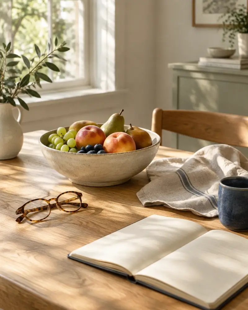Sunlit table with seasonal fruit, reading glasses, and an open notebook
