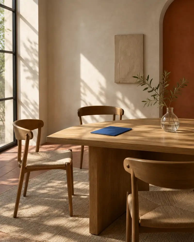 Three empty chairs around a sunlit table with a blue folder