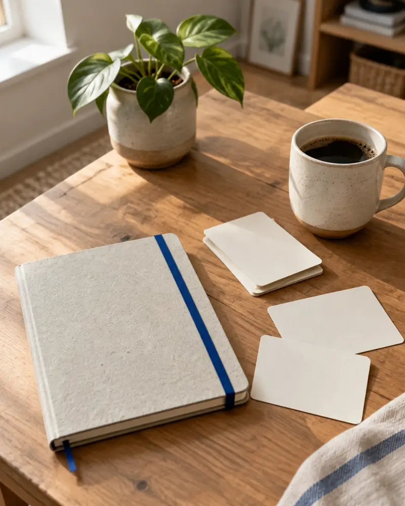 Notebook, blank planning cards, and coffee on a warm worktable
